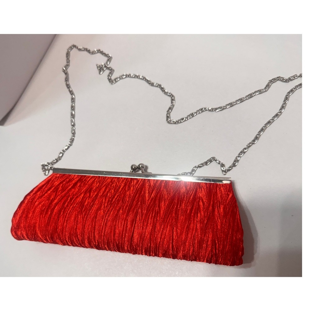 Red Pleated Satin Evening Clutch Bag Silver Chain Strap Kiss Lock Formal Red